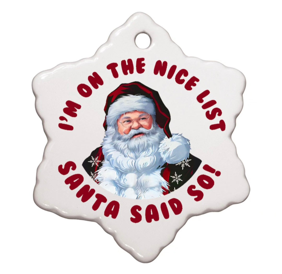 Santa Nice List Snowflake Ornament - Double Sided