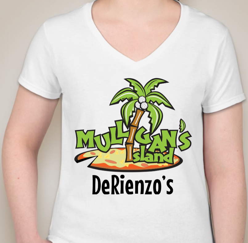 DeRienzo's Mulligan Island Ladies Vneck (Black, Sport Grey and White)